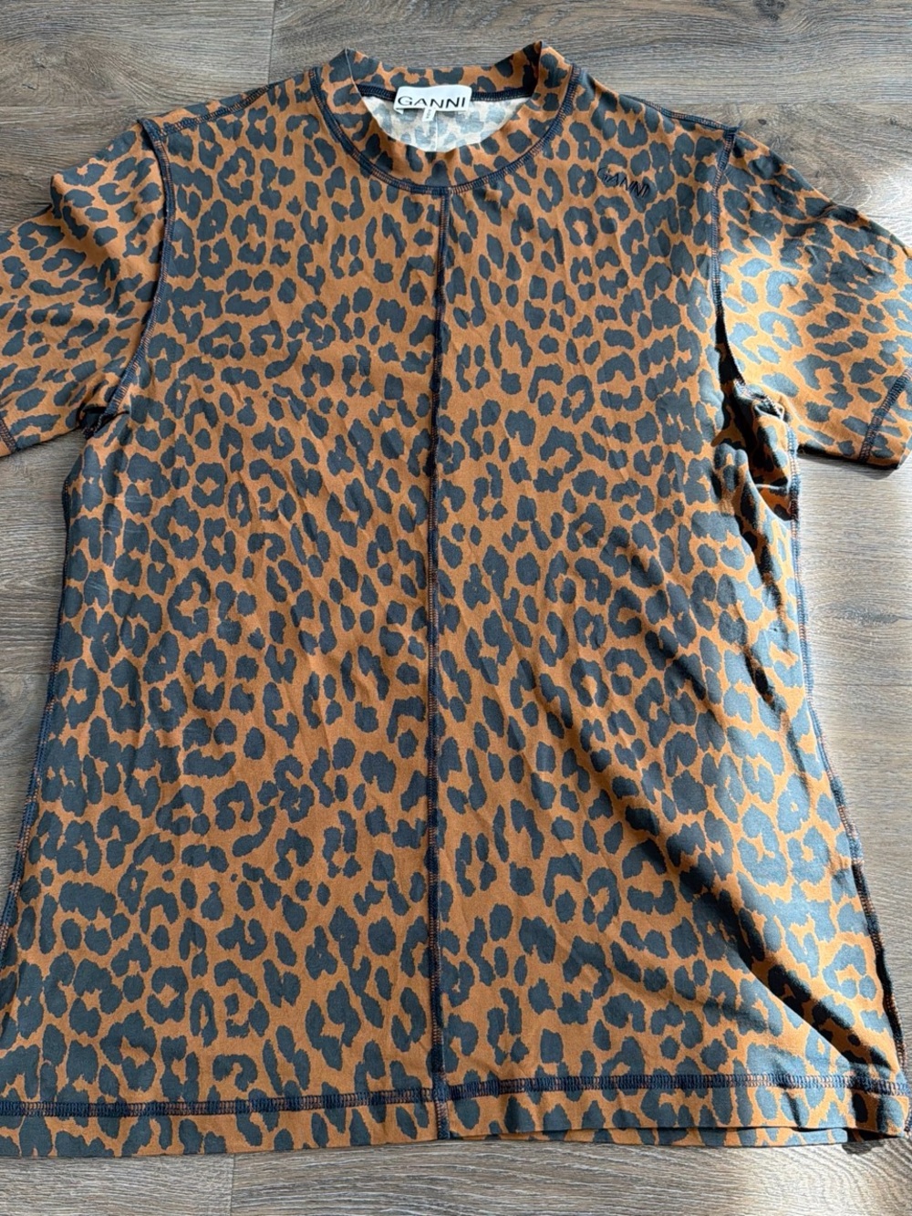 Ganni Brown & Black Leopard-Print Short Sleeve Tee